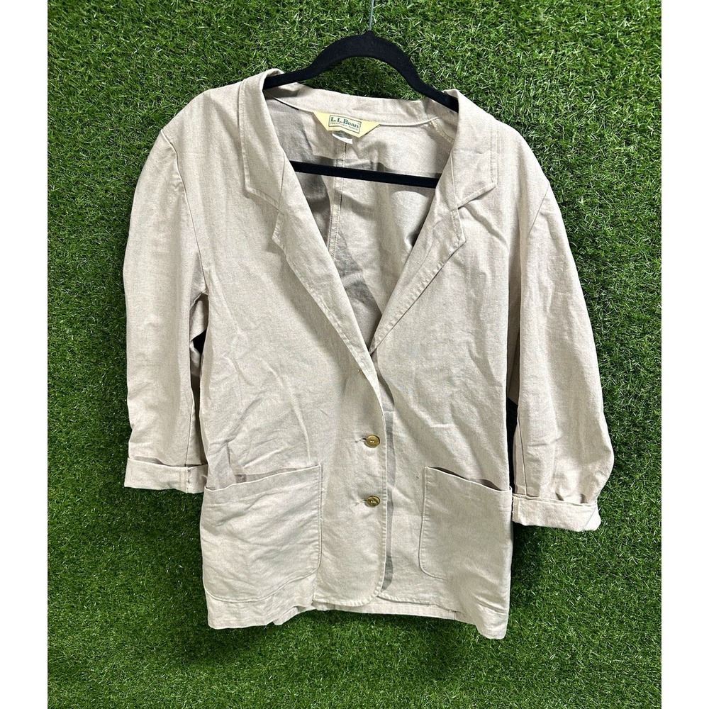 L.L.Bean Women's Beige Blazer Jacket M Regular Short Button Front Pockets 3/4